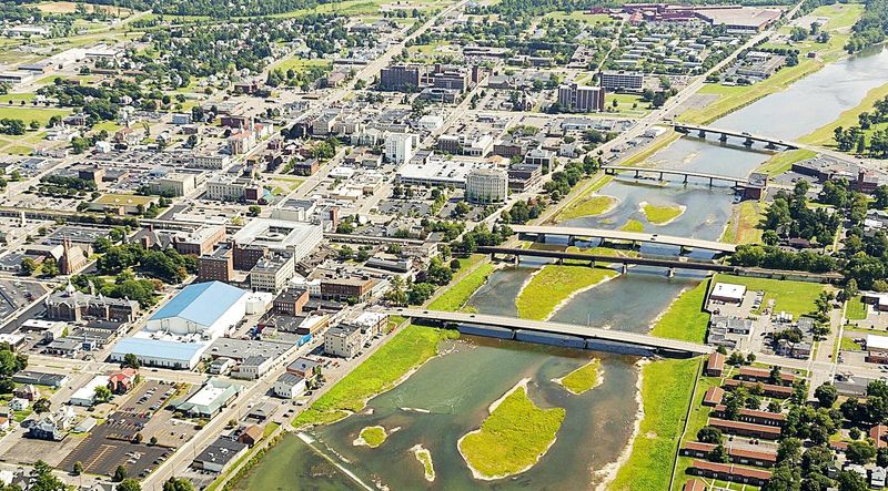 An aerial view of downtown Elmira and the Chemung River.