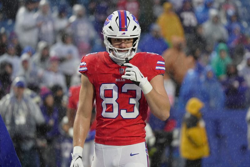 Buffalo Bills tight end Keleki Latu warms up with the team before the game at Highmark Stadium in Orchard Park on Dec. 28, 2025.