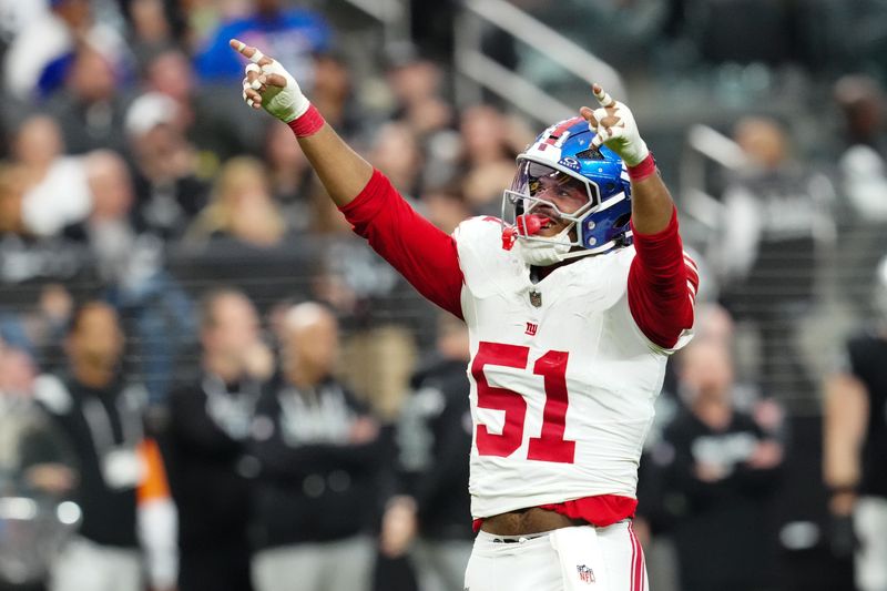 Dec 28, 2025; Paradise, Nevada, USA; New York Giants outside linebacker Abdul Carter (51) reacts in the second quarter against the Las Vegas Raiders at Allegiant Stadium. Mandatory Credit: Stephen R. Sylvanie-Imagn Images