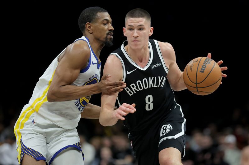 Dec 29, 2025; Brooklyn, New York, USA; Brooklyn Nets guard Egor Demin (8) drives to the basket against Golden State Warriors guard De'Anthony Melton (8) during the fourth quarter at Barclays Center. Mandatory Credit: Brad Penner-Imagn Images