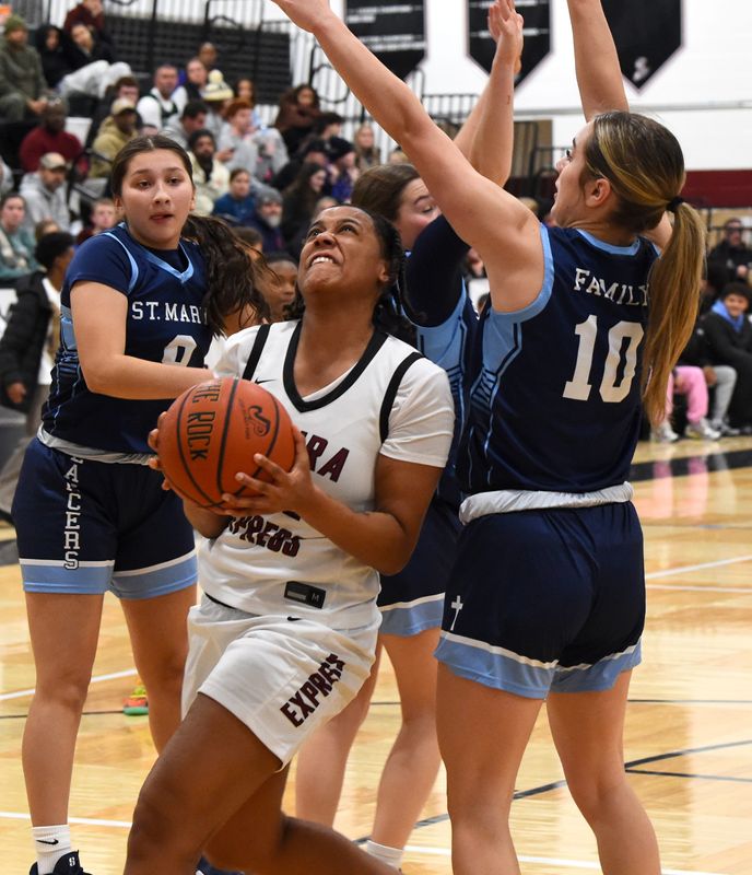 Elmira's Mariah Matias goes up for a shot during a 96-48 loss to Lancaster St. Mary's in the Girls National Division championship game at the Josh Palmer Fund Elmira Holiday Classic on Dec. 30, 2025 at Elmira High School.