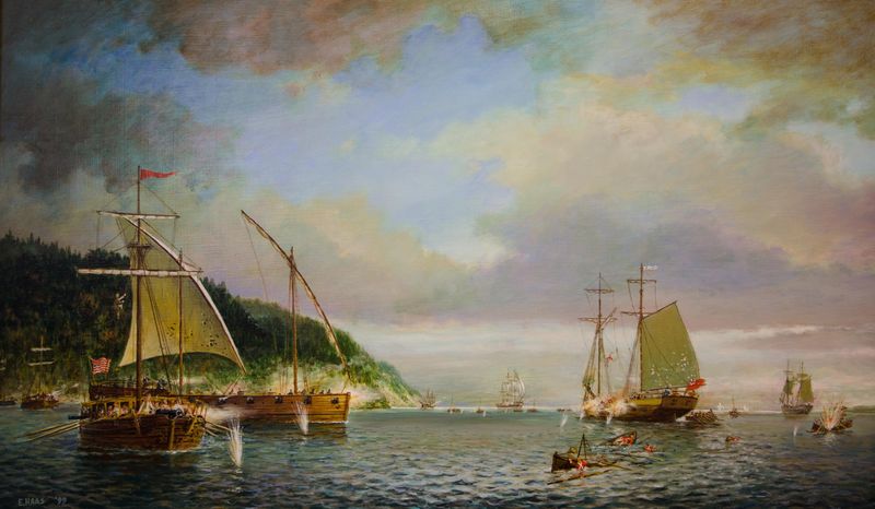 At the Battle of Valcour Island in 1776, a hastily-built American fleet manned by inexperienced colonists stopped the British from advancing down Lake Champlain. This Ernest Haas painting of the battle is on display at the Lake Champlain Maritime Museum.