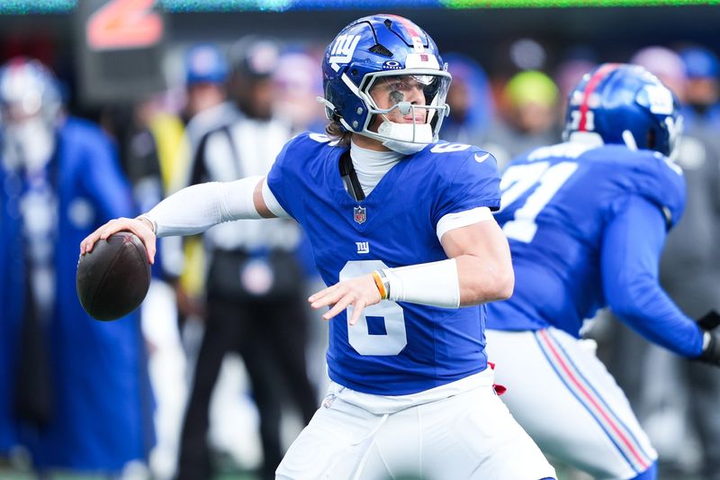Jan 4, 2026; East Rutherford, New Jersey, USA; New York Giants quarterback Jaxson Dart (6) looks to pass during the second quarter against the Dallas Cowboys at MetLife Stadium. Mandatory Credit: Robert Deutsch-Imagn Images