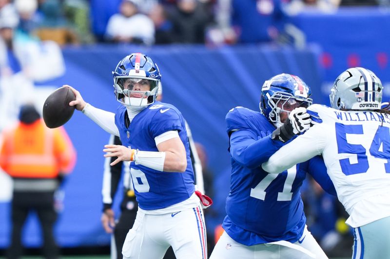 Jan 4, 2026; East Rutherford, New Jersey, USA; New York Giants quarterback Jaxson Dart (6) looks to pass during the first quarter against the Dallas Cowboys at MetLife Stadium. Mandatory Credit: Robert Deutsch-Imagn Images