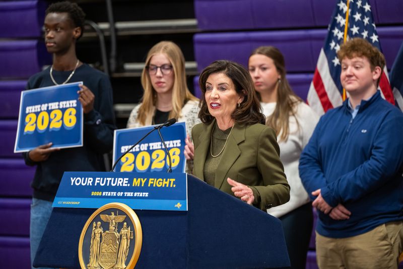 Gov. Kathy Hochul returned to her alma mater, Hamburg High School in the Buffalo area, on Jan. 5, 2026 to promote proposals to tighten social media protections for kids and offer mental health training to high schoolers.
