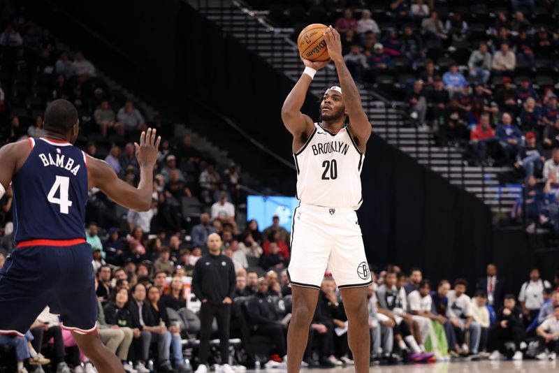 Jan 15, 2025; Inglewood, California, USA; Brooklyn Nets center Day'Ron Sharpe (20) shoots against LA Clippers center Mo Bamba (4) during the third quarter at Intuit Dome. Mandatory Credit: Kiyoshi Mio-Imagn Images