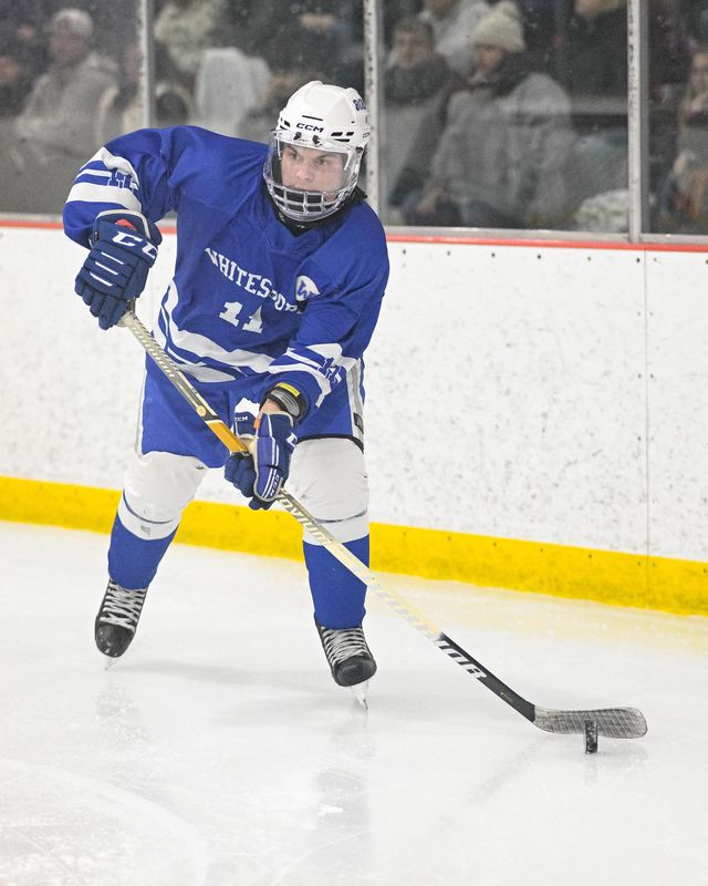 Whitesboro’s Andrew Sfeir, pictured in a January 9 game at the New Hartford Recreation Center, scored the winning goal Monday in Section III's Division II hockey championship game.