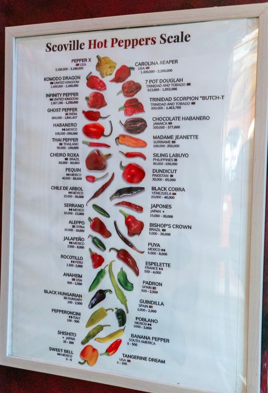 A poster of the Scovelle Hot Pepper Scale at The Mesquito Grill in Doylestown on Jan. 14, 2026.