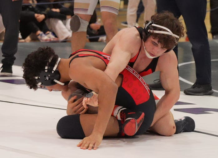 Top-seeded Luke Ryan of Fox Lane defeated second-seeded Jason Gaylord of Rye at 165 pounds by technical fall, 20-4 at the Shoreline Classic wrestling tournament at New Rochelle Jan. 17, 2026.