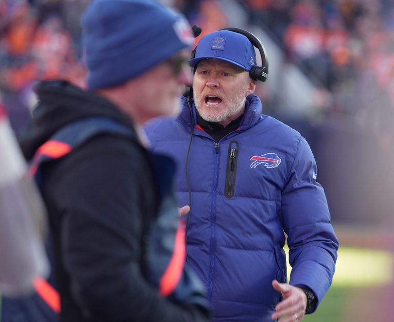 Buffalo Bills head coach Sean McDermott yells over to the bench during first half action at Empower FIeld at Mile High in Denver, Colorado on Jan. 17, 2026.