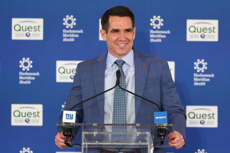 Jan 20, 2026; East Rutherford, NJ, USA; New York Giants general manager Joe Schoen introduces John Harbaugh (not pictured) as the next New York Giants head coach at Quest Diagnostics Training Center. Mandatory Credit: Ed Mulholland-Imagn Images