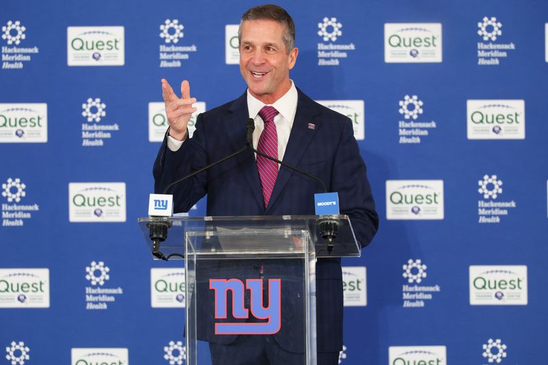 Jan 20, 2026; East Rutherford, NJ, USA; New York Giants head coach John Harbaugh speaks at the press conference announcing his hiring at Quest Diagnostics Training Center. Mandatory Credit: Ed Mulholland-Imagn Images