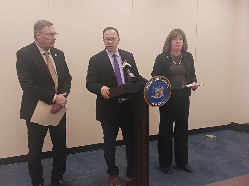 NYS Assemblyman Brian Miller (R 122), Assemblywoman Marianne Buttenschon (D 119), Senator Joe Griffo (R 47) gather at Oneida County Office Building, Utica, Jan. 23, to announce multi-tiered approach to respond to skyrocketing utility costs in Mohawk Valley, statewide.