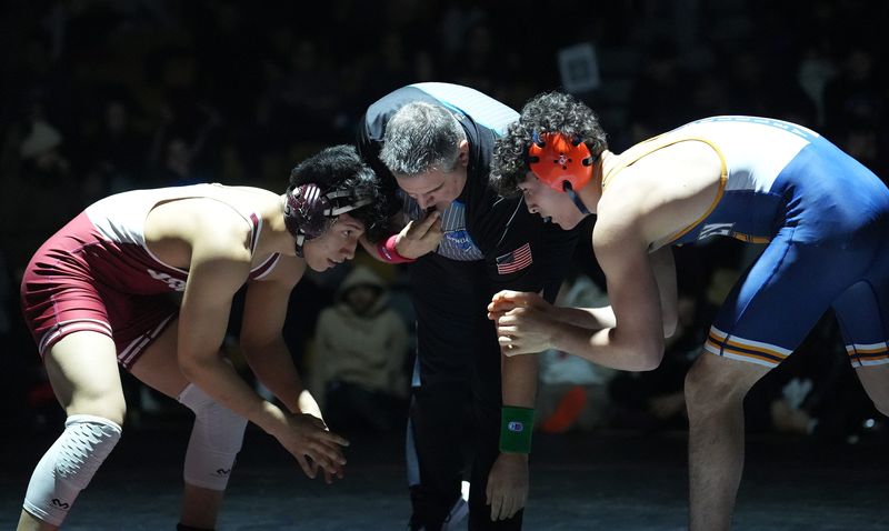 Nick Debellis from Horace Greeley wrestles Jonathan Abzun from Ossining in the 150-pound finals at the Westchester County Wrestling Championships at Sleepy Hollow High School in Sleepy Hollow on Saturday, January 24, 2026.