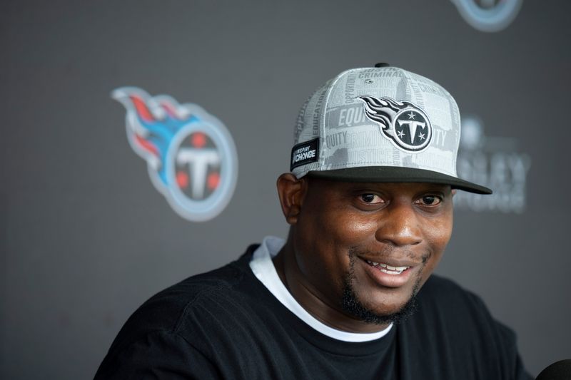 Tennessee Titans Defensive Coordinator Dennard Wilson fields questions during mandatory mini-camp at Ascension Saint Thomas Sports Park in Nashville, Tenn., Wednesday, June 5, 2024.