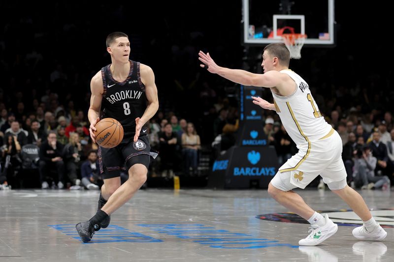 Jan 23, 2026; Brooklyn, New York, USA; Brooklyn Nets guard Egor Demin (8) brings the ball up court against Boston Celtics guard Payton Pritchard (11) during the fourth quarter at Barclays Center. Mandatory Credit: Brad Penner-Imagn Images
