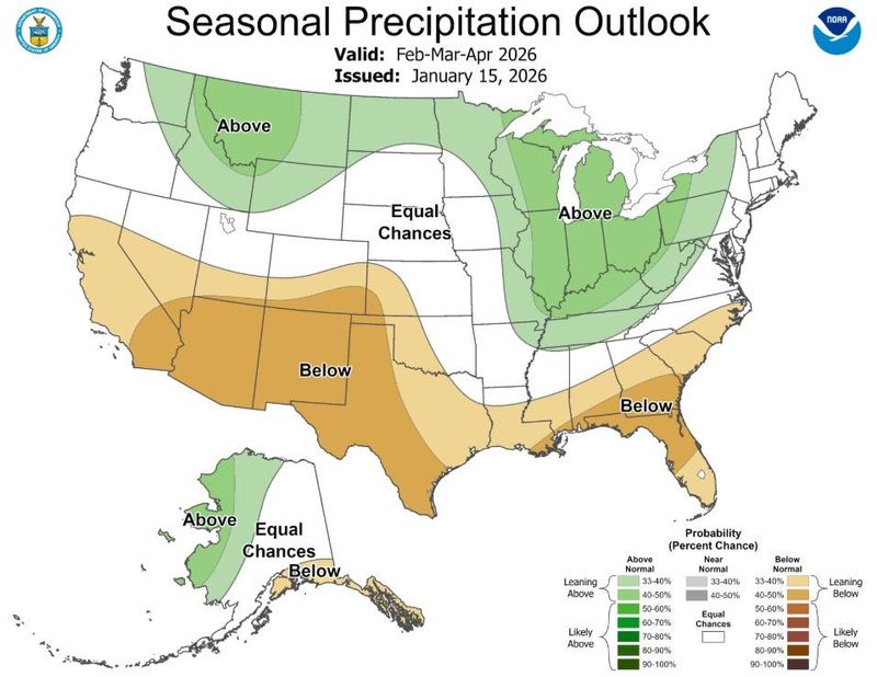 Precipitation outlook for February through April for the U.S. in 2026.