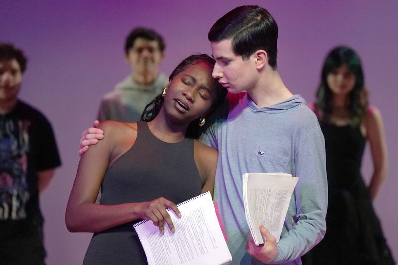 Seniors Jordan Adeniyi as Princess Winnifred and Michael Mark as Prince Dauntless rehearse a scene from "Once Upon a Mattress" Jan. 28, 2026 at White Plains High School. White Plains will present the musical "Once Upon a Mattress" February 6-8, 2026.