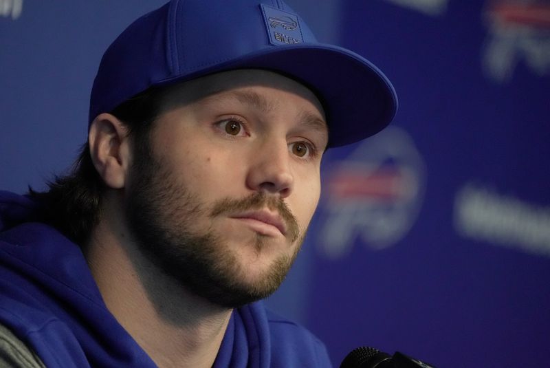Bills quarterback Josh Allen answers a range of questions after the press conference introducing Joe Brady as the new head coach at the Bills field house in Orchard Park on Jan. 29, 2026.