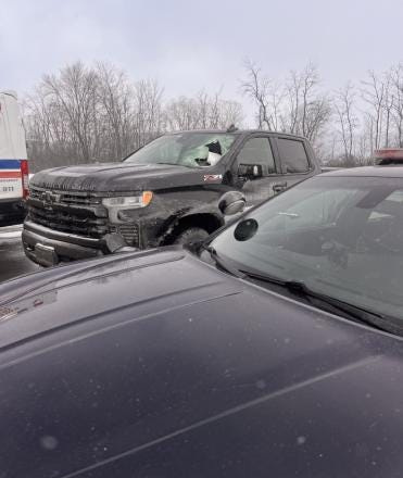 The pick-up truck of an unidentified Camden man, with its windshield shattered a chunk of ice hit it on the thruway.
