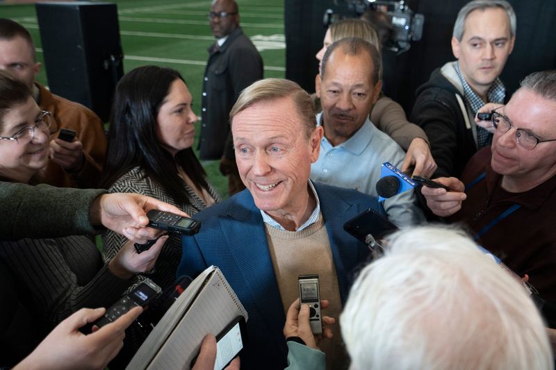 Chris Mara fields questions from reporters during a press conference introducing new Head Coach John Harbaugh at the Quest Diagnostics Training Center in East Rutherford on Tuesday, Jan. 20, 2025.