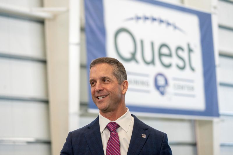New Giants Head Coach John Harbaugh speaks with members of the media during a press conference welcoming Harbaugh at the Quest Diagnostics Training Center in East Rutherford on Tuesday, Jan. 20, 2025.