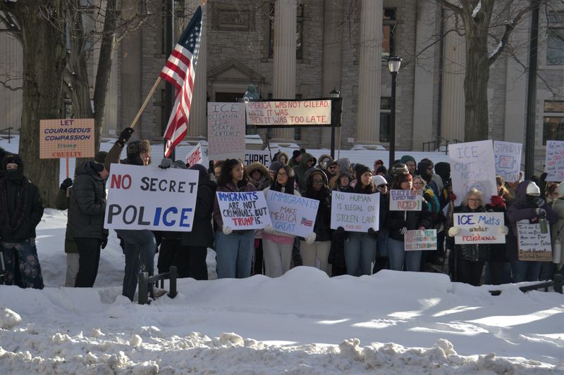 Dozens of people braved the cold walking from United Presbyterian Church to the Broome County Courthouse, lining Court Street with signs during a short "ICE OUT" rally on Feb. 1, 2026.