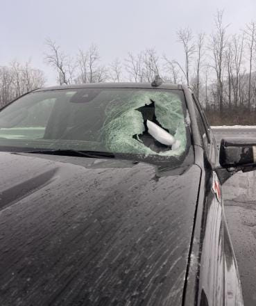 A slab of ice smashed through the windshield of a pickup on Interstate 81 in Cortland County on Jan. 30, 2026. Troopers stress how important it is to fully clear your vehicle of ice and snow before hitting the road.