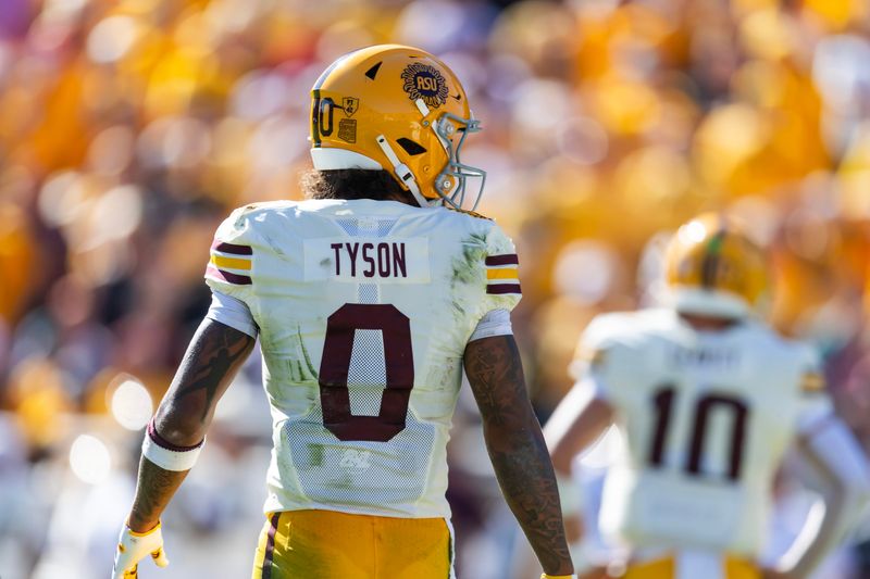 Oct 18, 2025; Tempe, Arizona, USA; Detailed view of the jersey of Arizona State Sun Devils wide receiver Jordyn Tyson (0) against the Texas Tech Red Raiders at Mountain America Stadium. Mandatory Credit: Mark J. Rebilas-Imagn Images