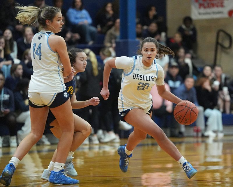 Ursuline's Julia Riina (20) works around a pick during girls basketball action against Pelham at The Ursuline School in New Rochelle on Thursday, February 5, 2026. Pelham won 65-61.