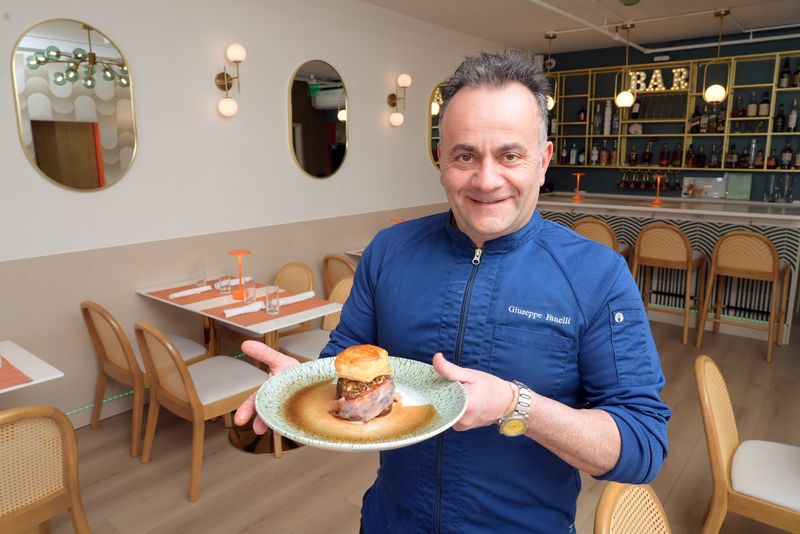 Chef Giuseppe Fanelli with his Deconstructed Wellington (seared prime rib cap with mushroom duxelles, prosciutto, topped with puff pastry, and natural reduction) at Cafe Nelo, a new restaurant in Bronxville, Feb. 5, 2026.
