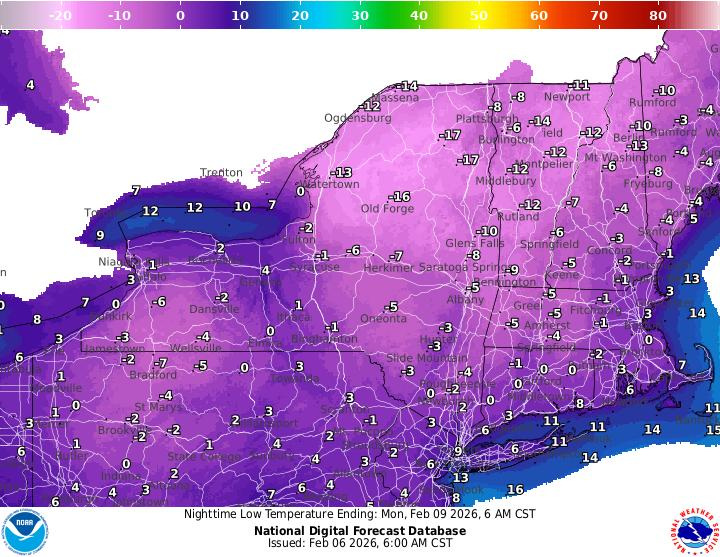NOAA graphical forecast maps show temperature highs and lows across New York through Tuesday, Feb. 10, 2026.