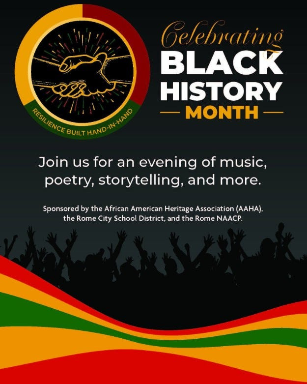 An e-flying promotes Rome's annual "Celebrating Black History Month" event on Feb. 10, 2026, 6:30 p.m. at Rome Free Academy.