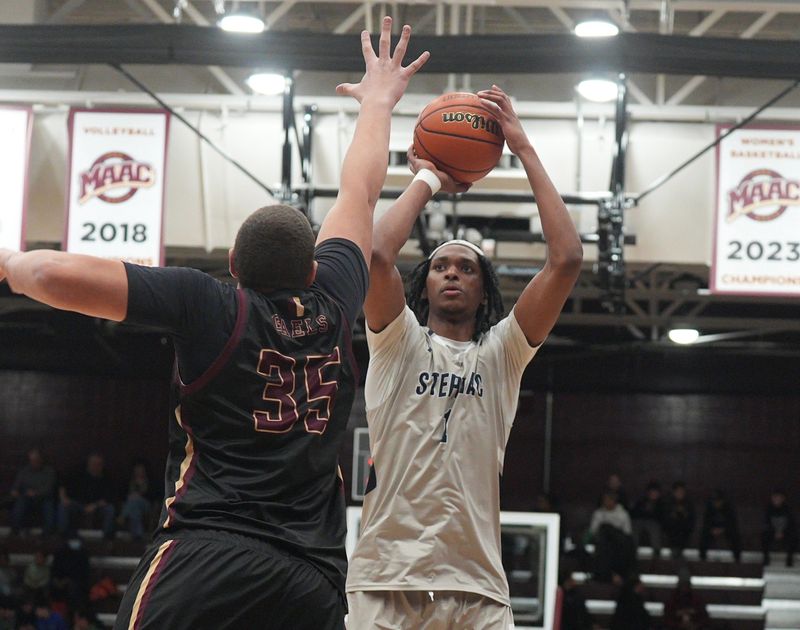 Stepinac’s Darius Ratliff (1) puts up a shot in front of Iona Prep’s Dilen Mulaj (23) during basketball action at Iona University in New Rochelle Feb. 6, 2026..