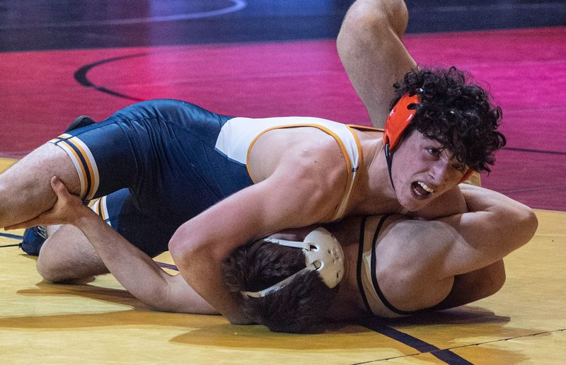 Nick Debellis of Horace Greeley defeated Ryan Ciardullo of Clarkstown North 2-1 to win the 150 pound championship during the Section 1 Division 1 Wrestling Championships at the Westchester County Center in White Plains Feb. 8, 2026.