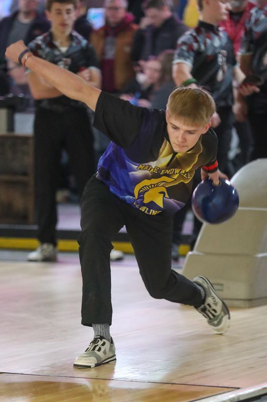Maine-Endwell's Ryan Staub was high scorer for the boys and helped the Spartans to the team title at the Southern Tier Athletic Conference bowling championships Feb. 9, 2026 at Midway Lanes in Vestal.