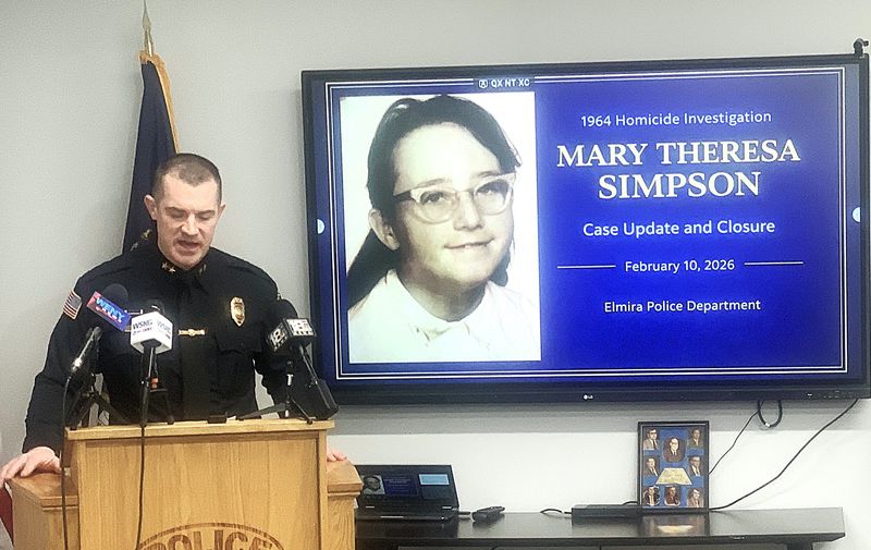 Elmira Police Chief Kristen Thorne discusses the 1964 murder of 12-year-old Mary Theresa Simpson during a news conference Tuesday, Feb. 10, 2026. After six decades, DNA evidence confirmed Elmira resident Alfred Murray Jr., who died in 2004, was Mary's killer.