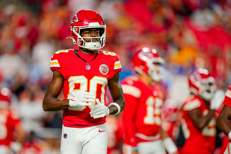 Oct 12, 2025; Kansas City, Missouri, USA; Kansas City Chiefs wide receiver Tyquan Thornton (80) warms up prior to a game against the Detroit Lions at GEHA Field at Arrowhead Stadium. Mandatory Credit: Jay Biggerstaff-Imagn Images