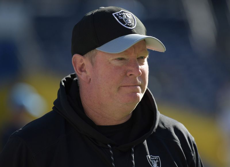 Dec 18, 2016; San Diego, CA, USA; Oakland Raiders offensive coordinator Bill Musgrave reacts during a NFL football game against the San Diego Chargers at Qualcomm Stadium. Mandatory Credit: Kirby Lee-USA TODAY Sports