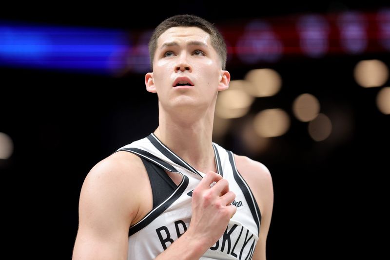 Feb 11, 2026; Brooklyn, New York, USA; Brooklyn Nets guard Egor Demin (8) reacts during the fourth quarter against the Indiana Pacers at Barclays Center. Mandatory Credit: Brad Penner-Imagn Images