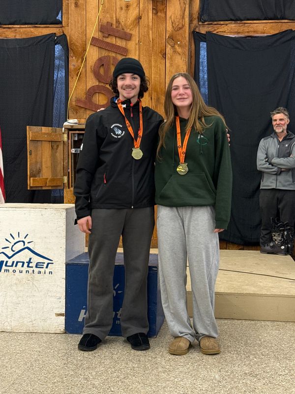 Champions Sam Rein of Monticello and Hailey Bentley of Cornwall at the Section 9 alpine ski championships at Hunter Mountain. SECTION 9 ATHLETICS