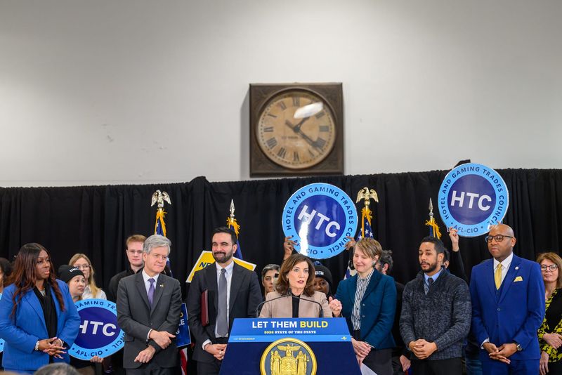 New York Gov. Kathy Hochul speaks during a media event promoting her "let them build" agenda that includes easing environmental rules to speed select development projects.