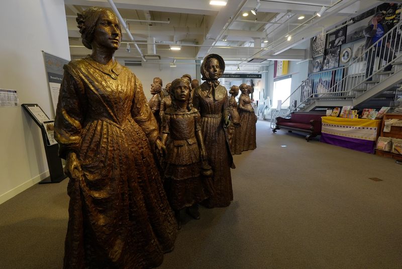 Women’s Rights National Historical Park in Seneca Falls, NY, on Feb. 13, 2026, welcomes visitors with artwork called The First Wave. These statues of people represent the first wave of women’s rights activists, some who are known and others who are anonymous.