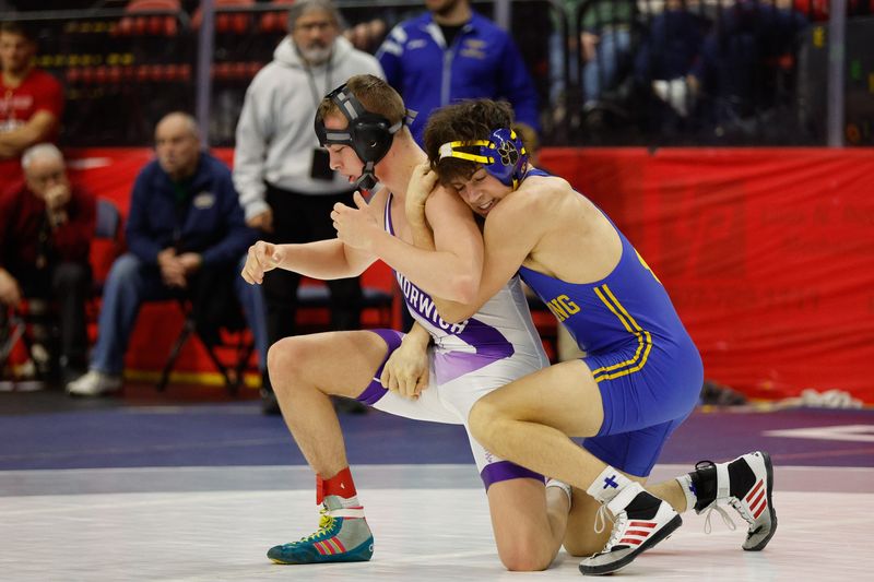 Maverick Beckwith from Norwich, left, beat Lansing's Owen Clark in the Division 2 150-pound final at the Section 4 boys wrestling championships Feb. 14, 2026 at Visions Veterans Memorial Arena in Binghamton.