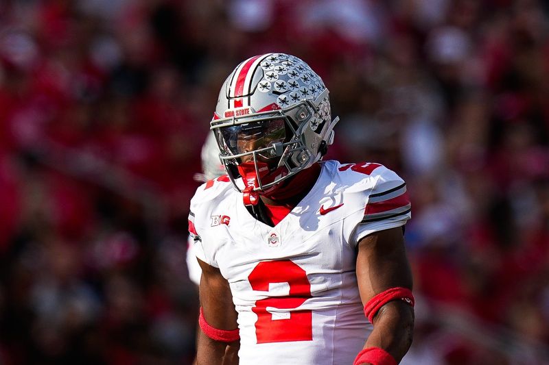 Ohio State Buckeyes defensive back Caleb Downs (2) reacts during the game against the Wisconsin Badgers at Camp Randall Stadium on Saturday, Oct. 18, 2025 in Madison, Wisconsin.