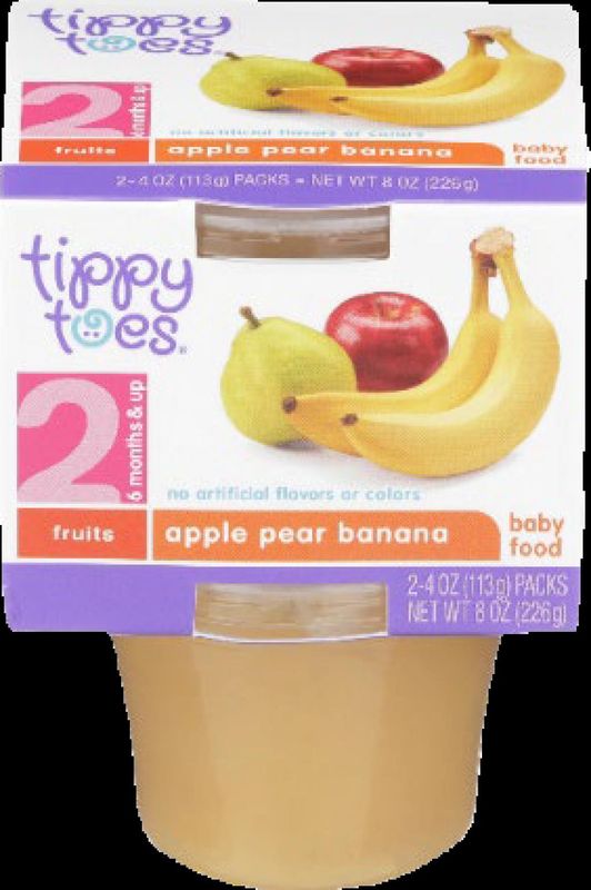 Tippy Toes baby food, produced by IF Copack LLC or Initiative Foods. The food was recalled due to elevated levels of a naturally-occurring substance called patulin. Long-term exposure can lead to immune suppression, nerve damage, and more.