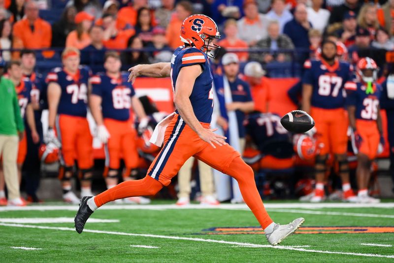 Oct 18, 2025; Syracuse, New York, USA; Syracuse Orange punter Jack Stonehouse (41) kicks during the second half against the Pittsburgh Panthers at the JMA Wireless Dome. Mandatory Credit: Rich Barnes-Imagn Images