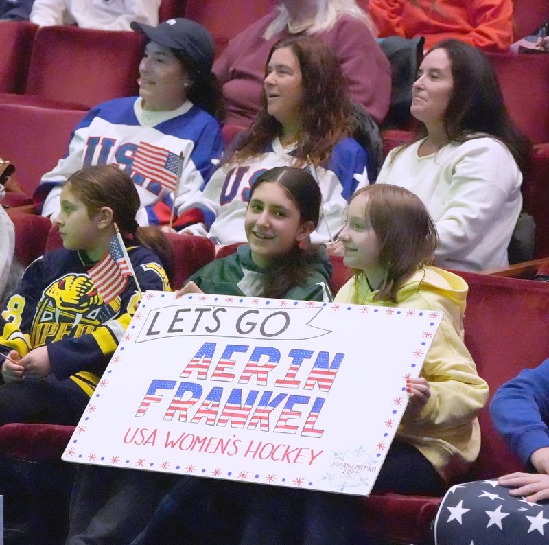 Top row, Lauri Silberstein, left, Lisa Kay and Benna Strober, front row, Madylyn Robinson, Caroline Robinson and Mila Pendleton at the Chappaqua Performing Arts Center Feb 19, 2026 watch the U.S. women's hockey team play Canada for the Olympic gold medal in Milan Feb 19, 2026. The starting goaltender on Team USA is Aerin Frankel, who grew up in Briarcliff Manor/Chappaqua.