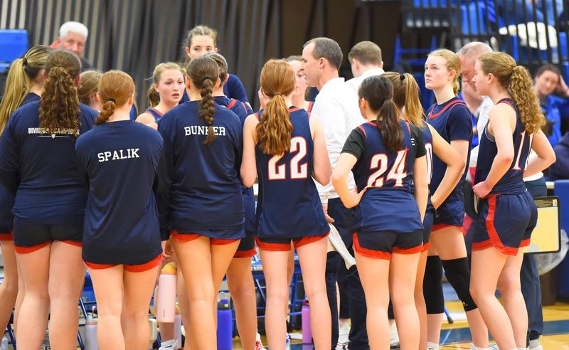 Chenango Forks head coach Mike Curtis talks to his team during a 52-49 win over Horseheads in a STAC girls basketball semifinal Feb. 19, 2026 at Horseheads Middle School.