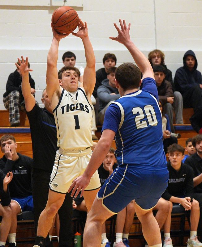 Putnam Valley’s Mike Frye (1) during game against Haldane at Putnam Valley High School Feb. 19, 2026. Frye hit the game winning basket as time expired giving Putnam Valley the 49-47 victory.